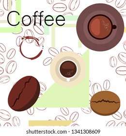 Coffee cup, coffee grains, breakfast concept. Drinks menu for restaurant, vector background.