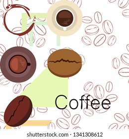 Coffee cup, coffee grains, breakfast concept. Drinks menu for restaurant, vector background.