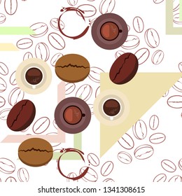 Coffee cup, coffee grains, breakfast concept. Drinks menu for restaurant, vector background.