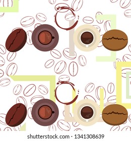Coffee cup, coffee grains, breakfast concept. Drinks menu for restaurant, vector background.