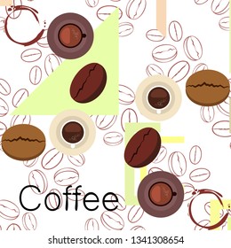 Coffee cup, coffee grains, breakfast concept. Drinks menu for restaurant, vector background.