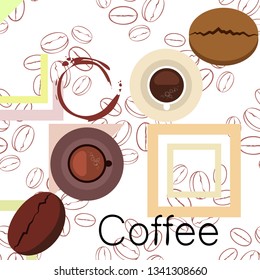 Coffee cup, coffee grains, breakfast concept. Drinks menu for restaurant, vector background.