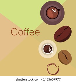Coffee cup, coffee grains, breakfast concept. Drinks menu for restaurant, vector background.