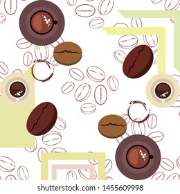 Coffee cup, coffee grains, breakfast concept. Drinks menu for restaurant, vector background.