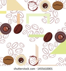 Coffee cup, coffee grains, breakfast concept. Drinks menu for restaurant, vector background.