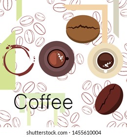 Coffee cup, coffee grains, breakfast concept. Drinks menu for restaurant, vector background.