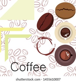 Coffee cup, coffee grains, breakfast concept. Drinks menu for restaurant, vector background.