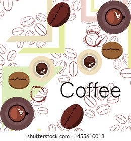 Coffee cup, coffee grains, breakfast concept. Drinks menu for restaurant, vector background.