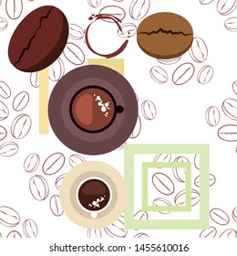 Coffee cup, coffee grains, breakfast concept. Drinks menu for restaurant, vector background.