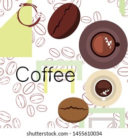Coffee cup, coffee grains, breakfast concept. Drinks menu for restaurant, vector background.
