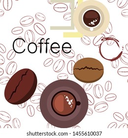 Coffee cup, coffee grains, breakfast concept. Drinks menu for restaurant, vector background.