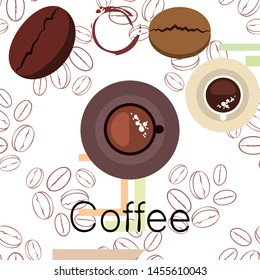 Coffee cup, coffee grains, breakfast concept. Drinks menu for restaurant, vector background.