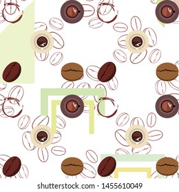 Coffee cup, coffee grains, breakfast concept. Drinks menu for restaurant, vector background.