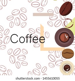 Coffee cup, coffee grains, breakfast concept. Drinks menu for restaurant, vector background.