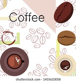 Coffee cup, coffee grains, breakfast concept. Drinks menu for restaurant, vector background.