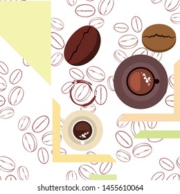 Coffee cup, coffee grains, breakfast concept. Drinks menu for restaurant, vector background.