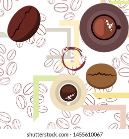 Coffee cup, coffee grains, breakfast concept. Drinks menu for restaurant, vector background.
