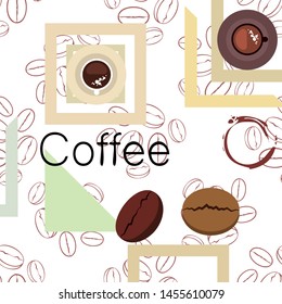 Coffee cup, coffee grains, breakfast concept. Drinks menu for restaurant, vector background.