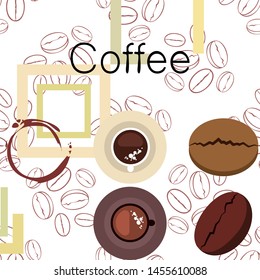 Coffee cup, coffee grains, breakfast concept. Drinks menu for restaurant, vector background.