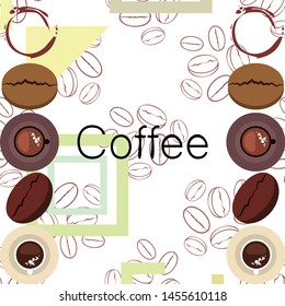 Coffee cup, coffee grains, breakfast concept. Drinks menu for restaurant, vector background.