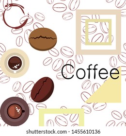 Coffee cup, coffee grains, breakfast concept. Drinks menu for restaurant, vector background.