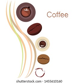 Coffee cup, coffee grains, breakfast concept. Drinks menu for restaurant, vector background.