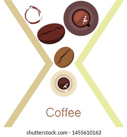 Coffee cup, coffee grains, breakfast concept. Drinks menu for restaurant, vector background.