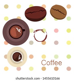 Coffee cup, coffee grains, breakfast concept. Drinks menu for restaurant, vector background.