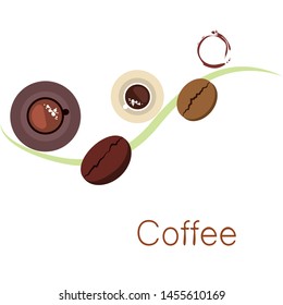 Coffee cup, coffee grains, breakfast concept. Drinks menu for restaurant, vector background.