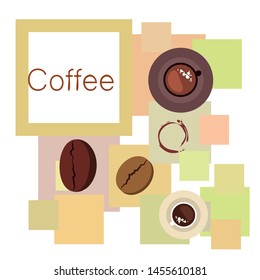 Coffee cup, coffee grains, breakfast concept. Drinks menu for restaurant, vector background.