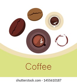 Coffee cup, coffee grains, breakfast concept. Drinks menu for restaurant, vector background.