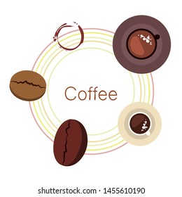 Coffee cup, coffee grains, breakfast concept. Drinks menu for restaurant, vector background.