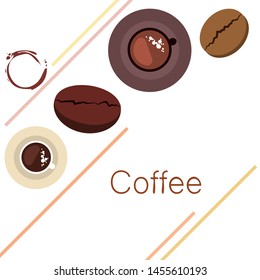 Coffee cup, coffee grains, breakfast concept. Drinks menu for restaurant, vector background.