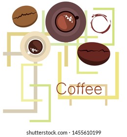 Coffee cup, coffee grains, breakfast concept. Drinks menu for restaurant, vector background.