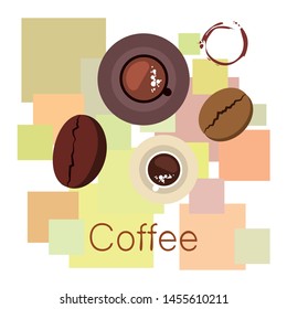 Coffee cup, coffee grains, breakfast concept. Drinks menu for restaurant, vector background.