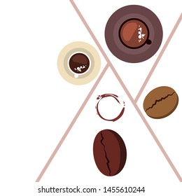 Coffee cup, coffee grains, breakfast concept. Drinks menu for restaurant, vector background.