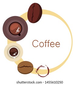 Coffee cup, coffee grains, breakfast concept. Drinks menu for restaurant, vector background.