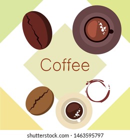 Coffee cup, coffee grains, breakfast concept. Drinks menu for restaurant, vector background.