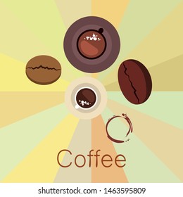 Coffee cup, coffee grains, breakfast concept. Drinks menu for restaurant, vector background.