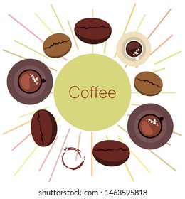 Coffee cup, coffee grains, breakfast concept. Drinks menu for restaurant, vector background.
