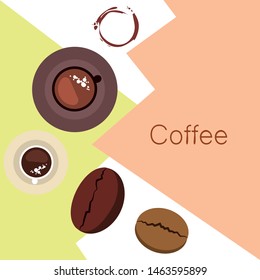 Coffee cup, coffee grains, breakfast concept. Drinks menu for restaurant, vector background.