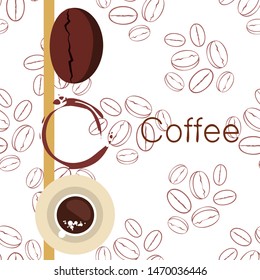 Coffee cup, coffee grains, breakfast concept. Drinks menu for restaurant, vector background.