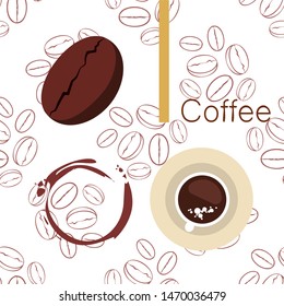 Coffee cup, coffee grains, breakfast concept. Drinks menu for restaurant, vector background.