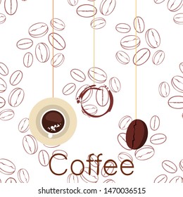 Coffee cup, coffee grains, breakfast concept. Drinks menu for restaurant, vector background.