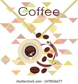Coffee cup, coffee grains, breakfast concept. Drinks menu for restaurant, vector background.