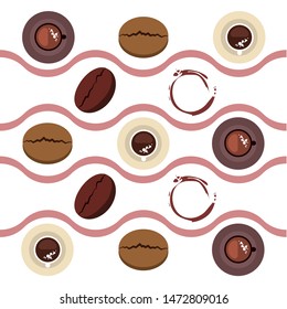 Coffee cup, coffee grains, breakfast concept. Drinks menu for restaurant, vector background.