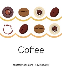 Coffee cup, coffee grains, breakfast concept. Drinks menu for restaurant, vector background.