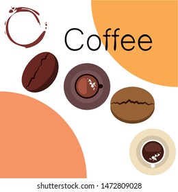Coffee cup, coffee grains, breakfast concept. Drinks menu for restaurant, vector background.