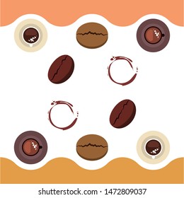 Coffee cup, coffee grains, breakfast concept. Drinks menu for restaurant, vector background.