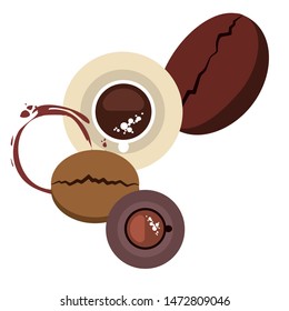 Coffee cup, coffee grains, breakfast concept. Drinks menu for restaurant, vector background.